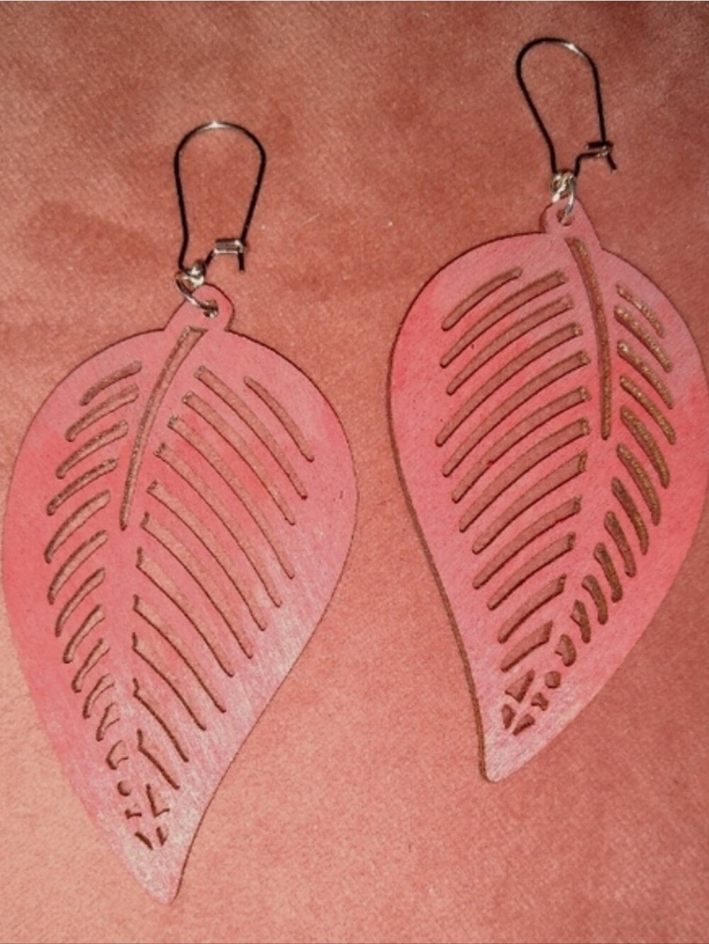 Hand Painted Leaf Earrings Brick Red Ombre Wood Feather Cut Out Leaves KATTA
